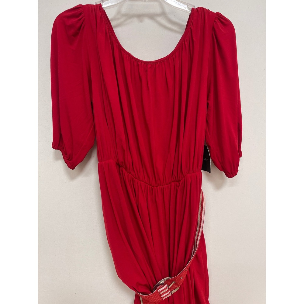 Ellen Tracy Red Puff Sleeve Bubble Hem Midi Dress with Striped Belt